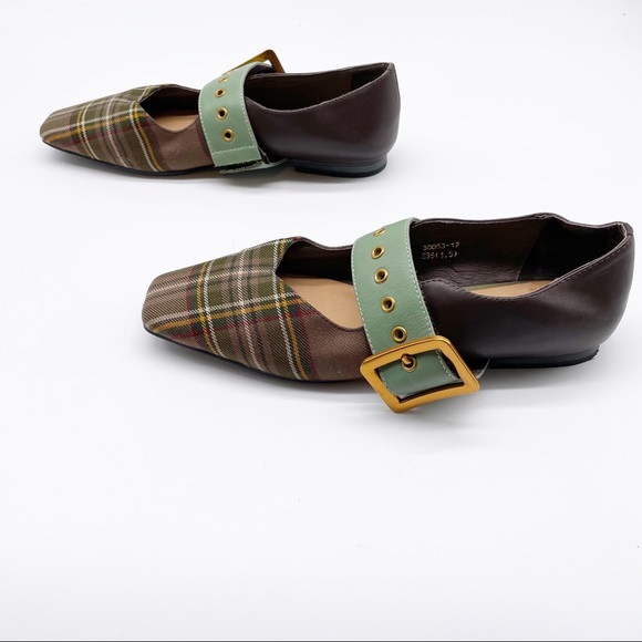 Beau Today Plaid Belt Square Toe Flat Loafers Brown Green Size 37 - Picture 6 of 11